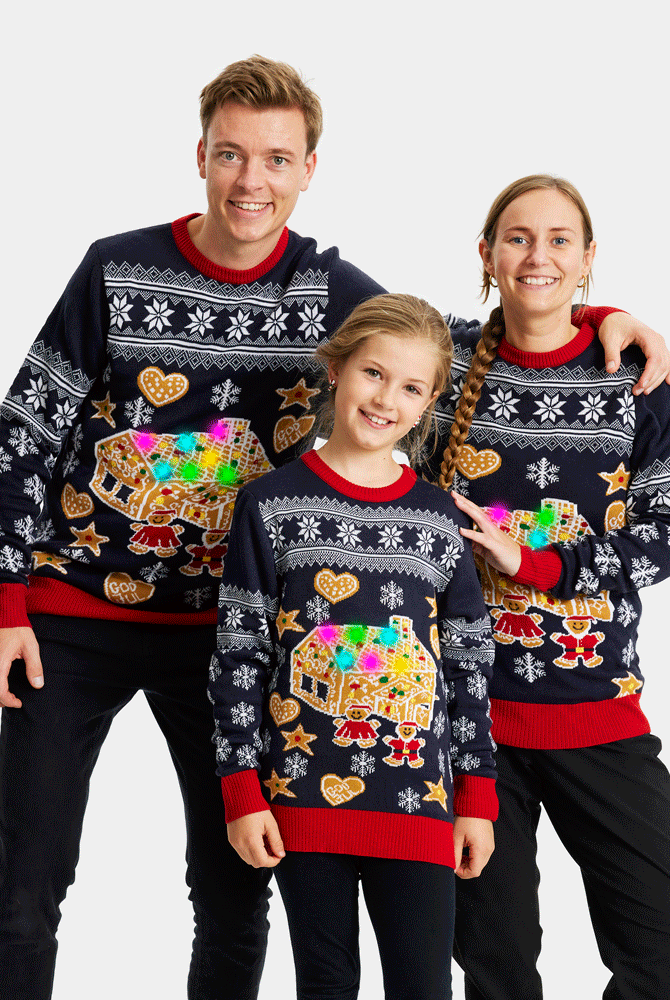 Maglione Natalizio Famiglia con Luci LED Casa di Pan di Zenzero