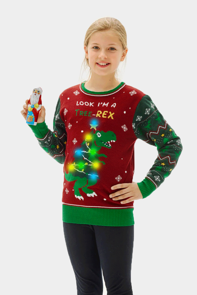 Maglione Natalizio per la Famiglia Bambini con Luci LED Christmas Tree-Rex