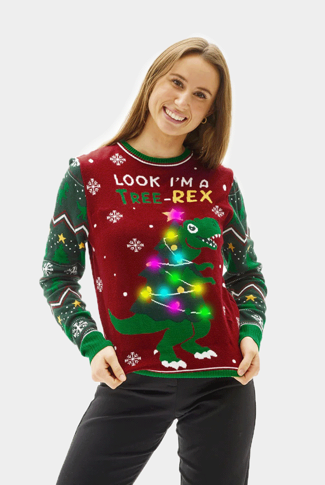 Maglione Natalizio per la Famiglia e Donna con Luci LED Christmas Tree-Rex