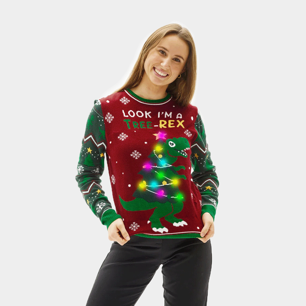 Maglione Natalizio per la Famiglia e Donna con Luci LED Christmas Tree-Rex