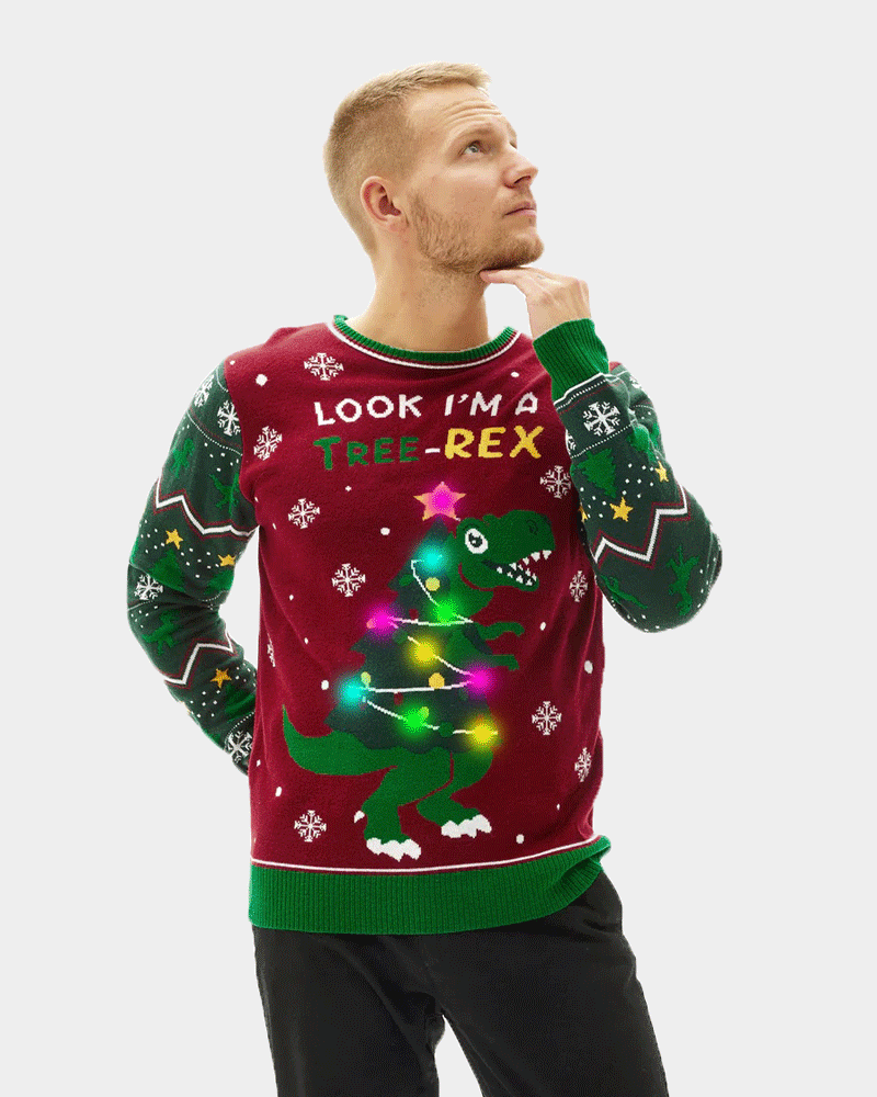 Maglione Natalizio per la Famiglia Uomo con Luci LED Christmas Tree-Rex