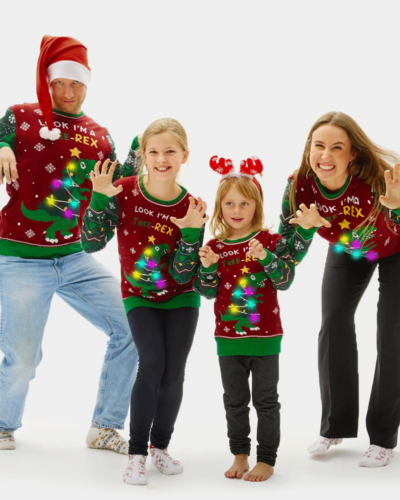 Maglione Natalizio per la Famiglia con Luci LED Christmas Tree-Rex