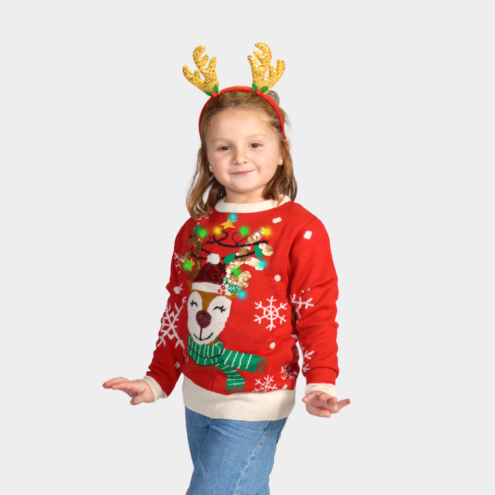 Maglione Natalizio Famiglia Luci LED Renna Brillante Paillettes Bambini