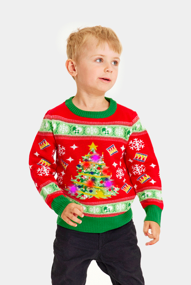 Maglione Natalizio per la Famiglia con Luci LED Rosso con Albero di Natale Bambini