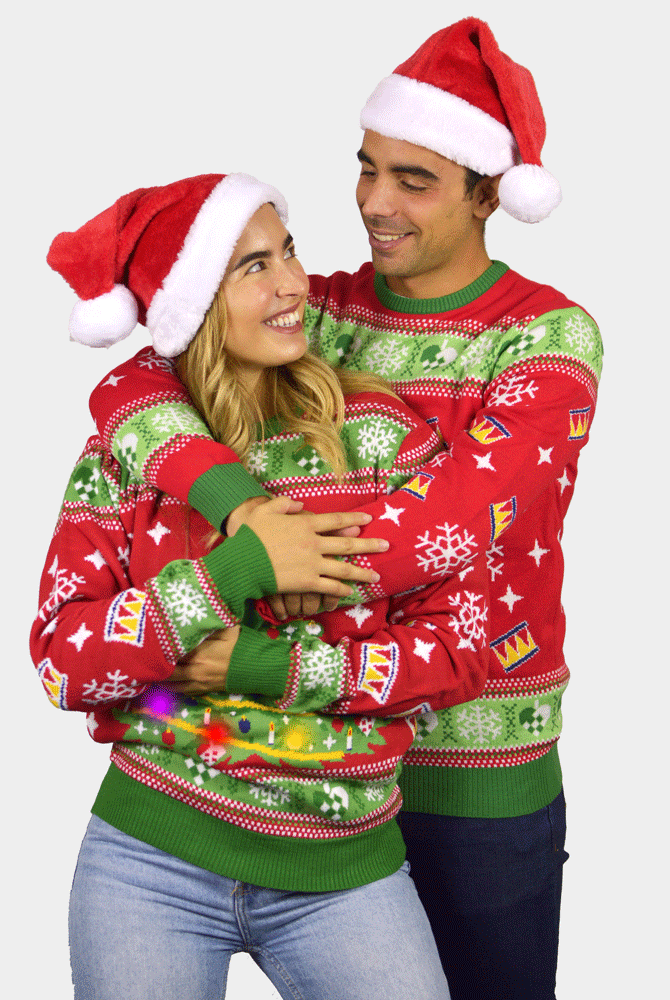 Maglione Natalizio per la Famiglia con Luci LED Rosso con Albero di Natale Donna e Uomo