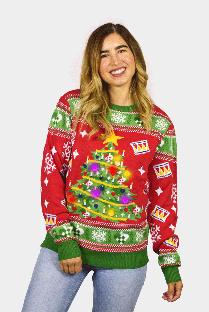 Maglione Natalizio per la Famiglia con Luci LED Rosso con Albero di Natale Donna