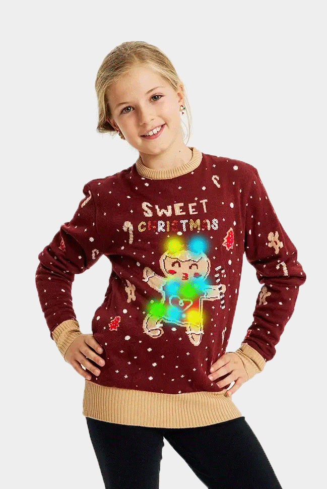 Maglione Natalizio Famiglia Bambini con Luci LED Rosso Ginger Cookie