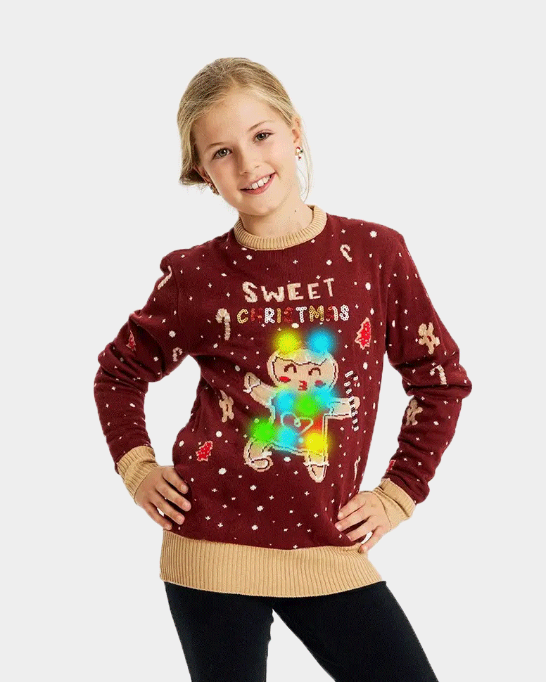Maglione Natalizio Famiglia Bambini con Luci LED Rosso Ginger Cookie