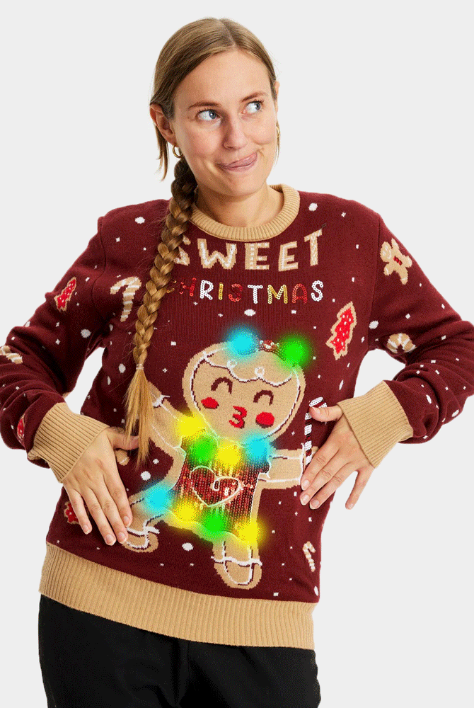 Maglione Natalizio Famiglia Donna con Luci LED Rosso Ginger Cookie