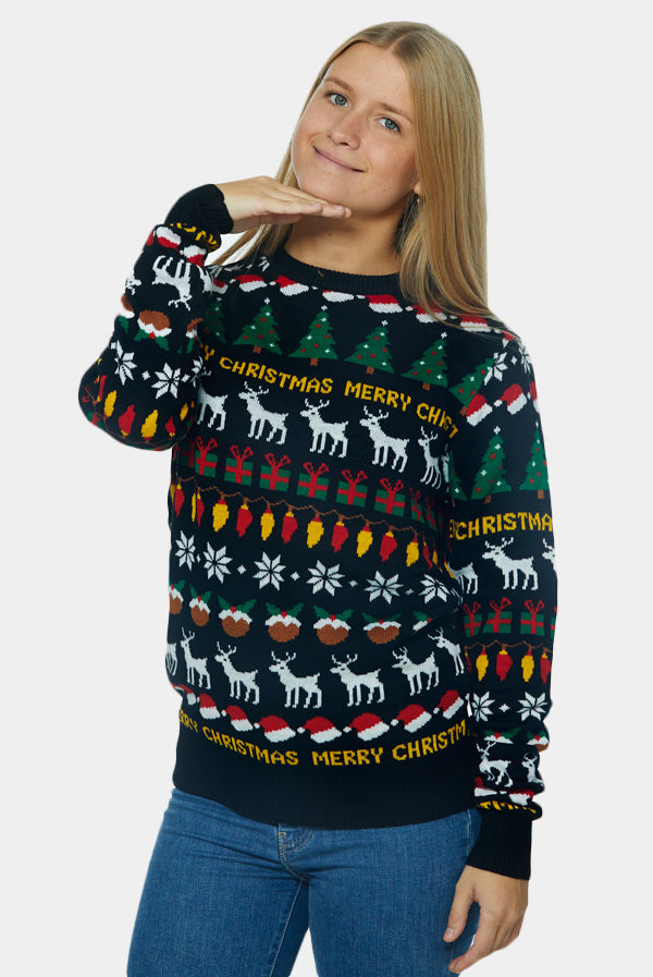 Maglione Natalizio Famiglia Donna Nero con Alberi, Renne e Regali