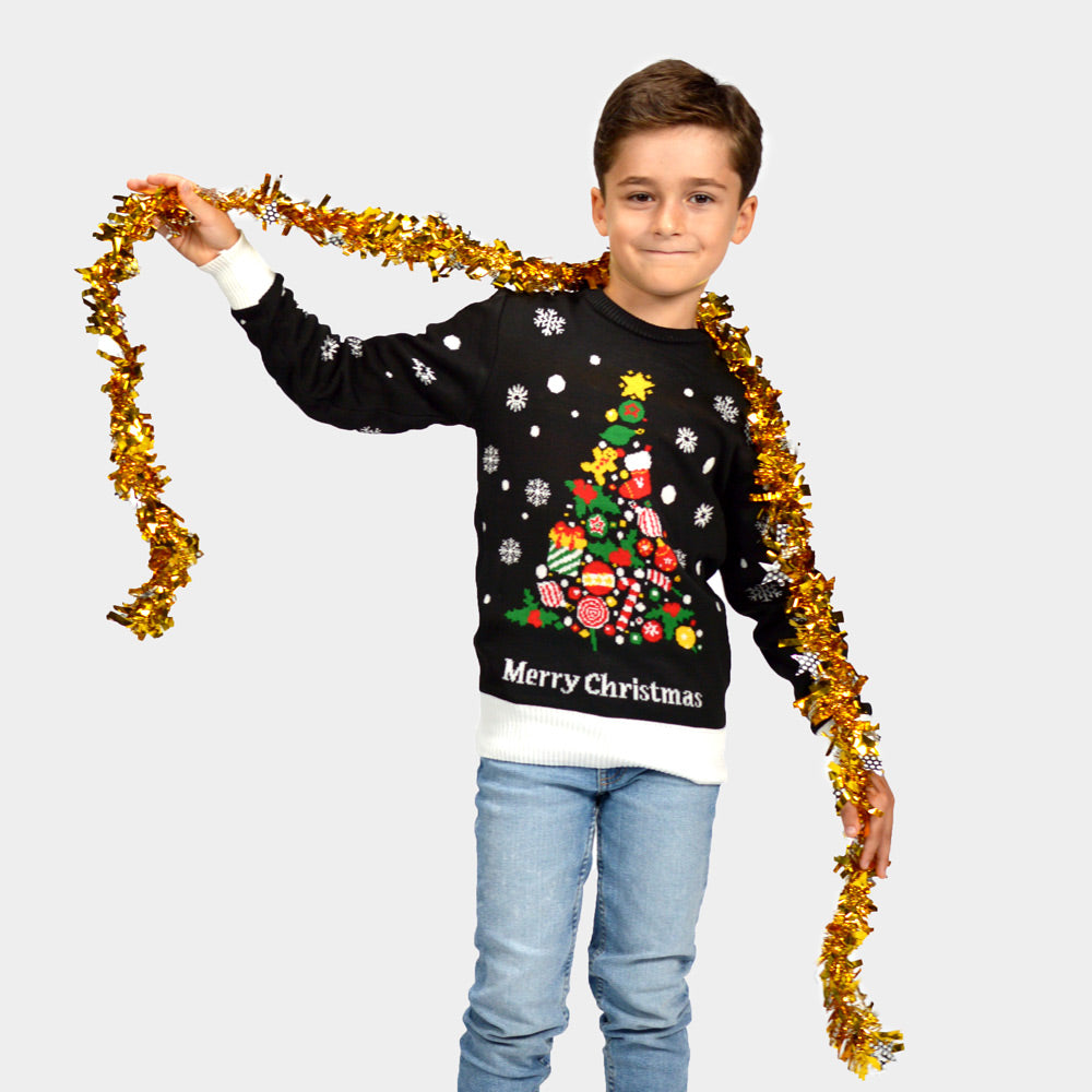 Maglione Natalizio Famiglia Bambini Nero con Albero Natalizio