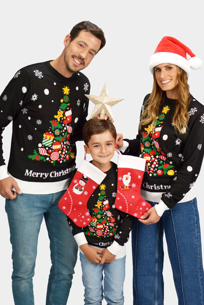 Maglione Natalizio Famiglia Nero con Albero Natalizio