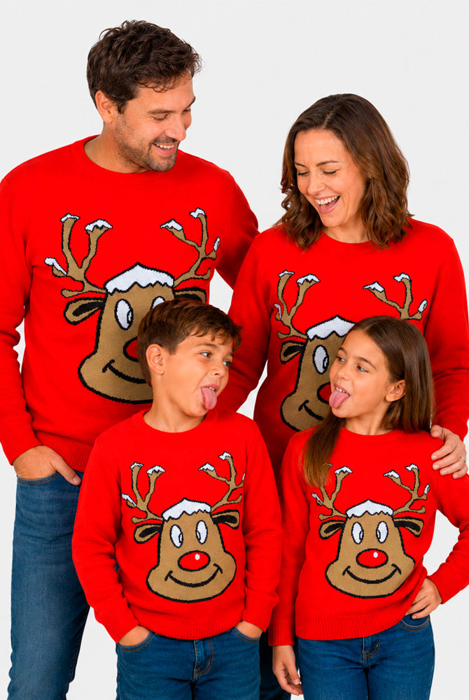 Maglione Natalizio Renna Sorridente Rosso Famiglia