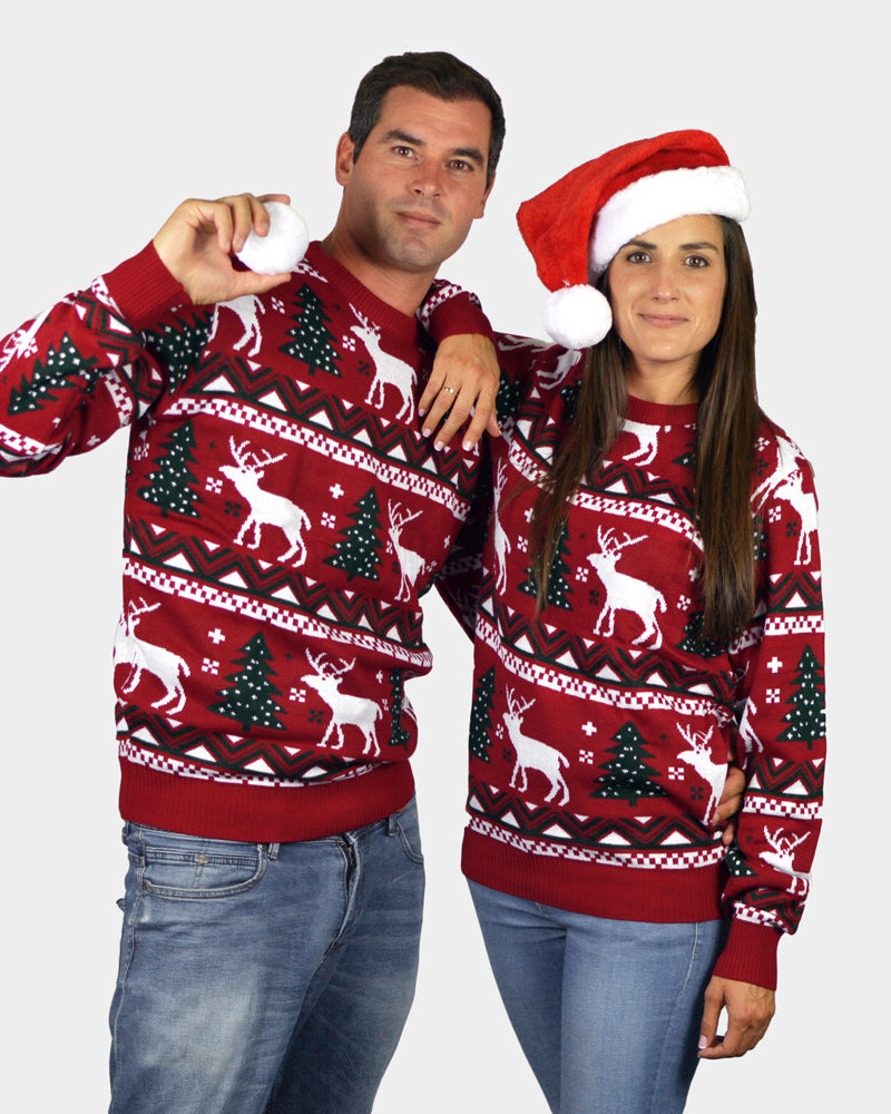 Maglione Natalizio per la Famiglia Rosso Alberi di Natale e Renne coppia