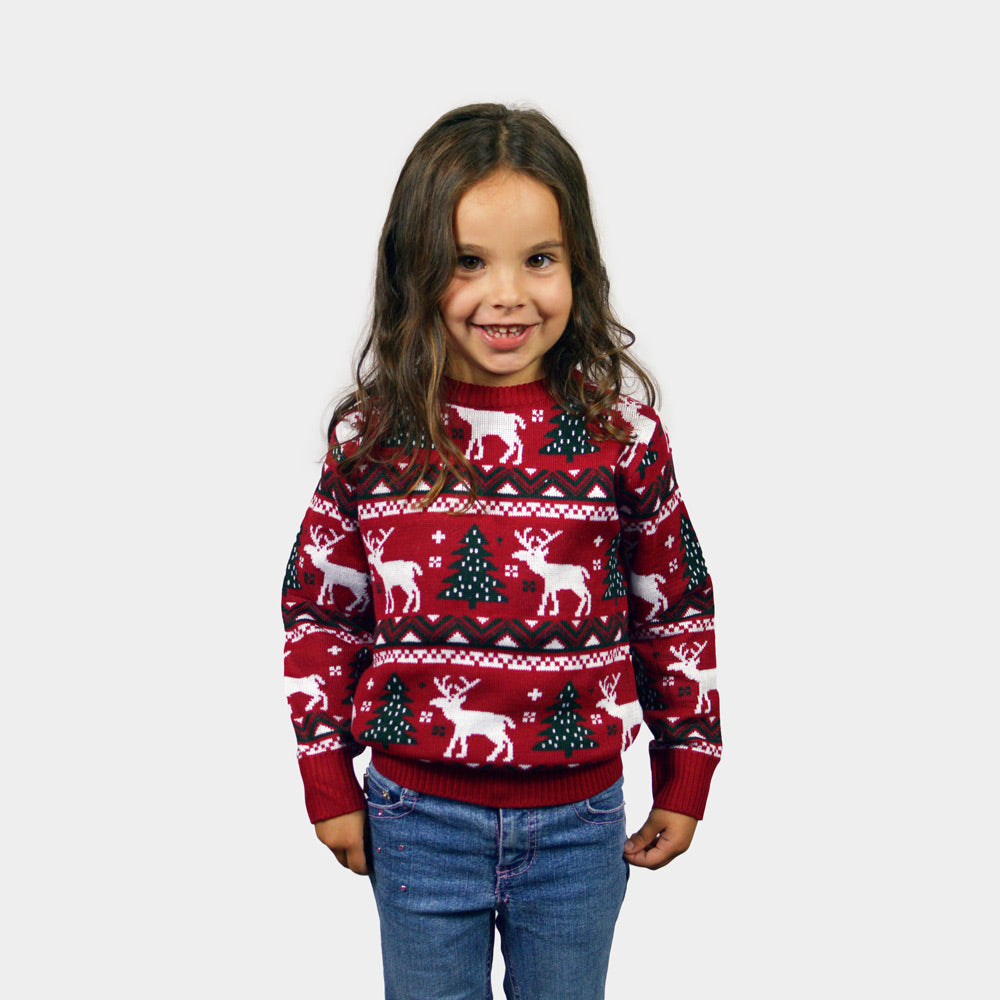 Maglione Natalizio per la Famiglia Rosso Alberi di Natale e Renne bambini