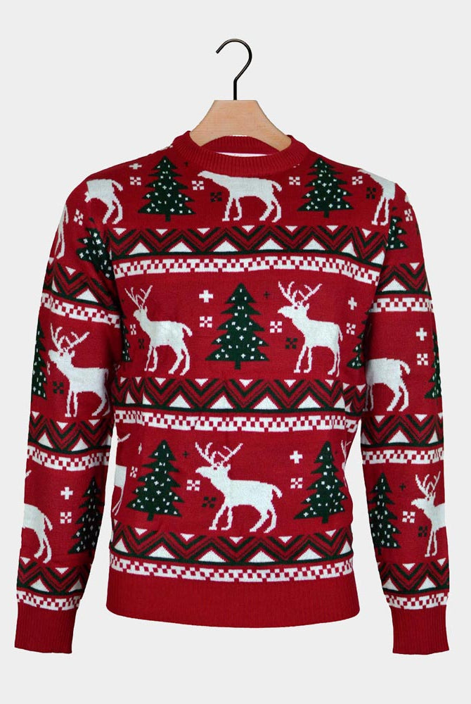 Maglione Natalizio Famiglia Rosso Alberi di Natale e Renne