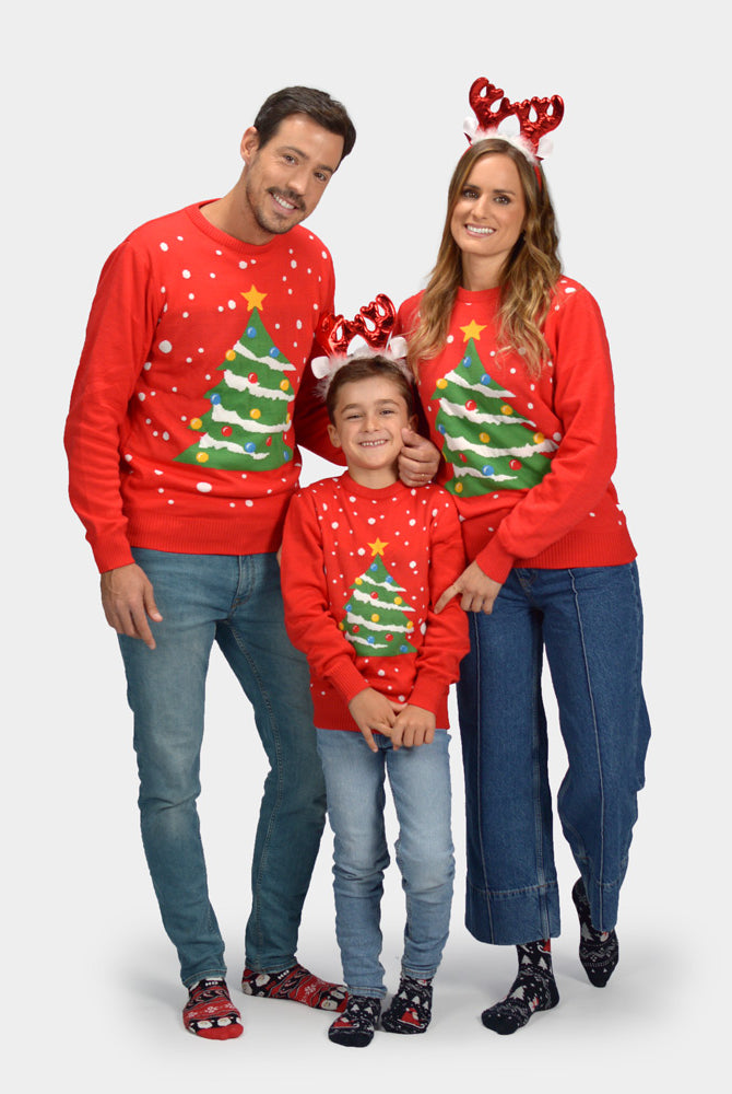 Maglione Natalizio per la Famiglia Rosso Albero di Natale