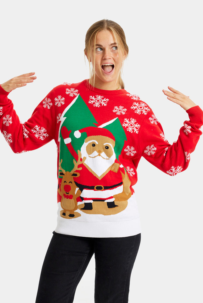 Maglione Natalizio per la Famiglia Donna Rosso con Babbo Natale e Renna che Salutano