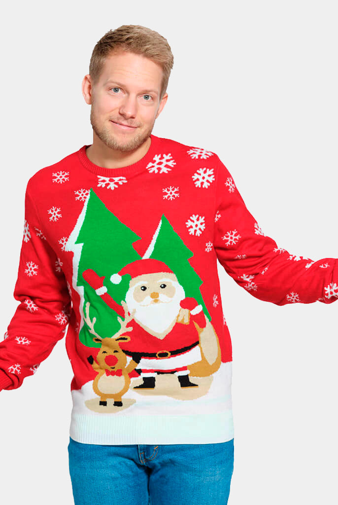 Maglione Natalizio per la Famiglia Uomo Rosso con Babbo Natale e Renna che Salutano