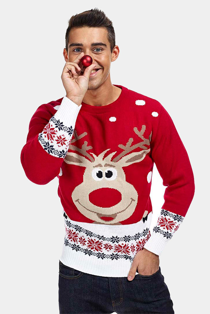Maglione Natalizio Famiglia Rosso Uomo Renna e Neve