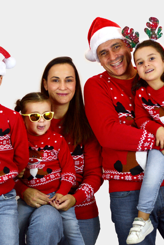 Maglione Natalizio per la Famiglia Rosso Renna Rudolph con Sciarpa