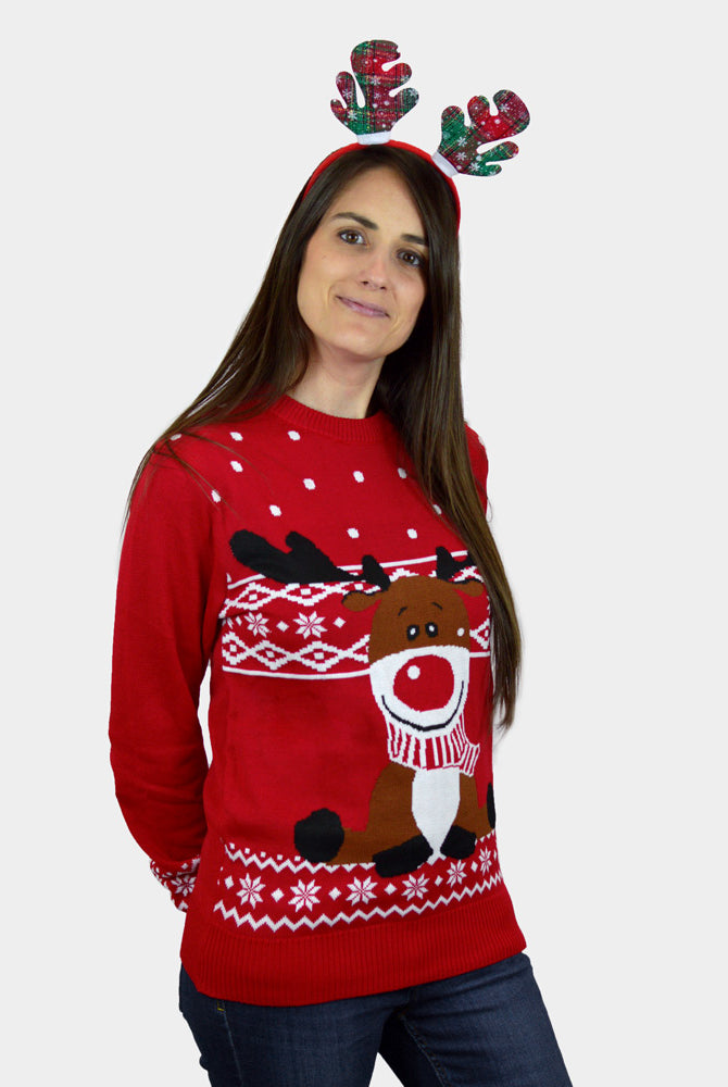 Maglione Natalizio per la Famiglia Rosso Renna Rudolph con Sciarpa donna