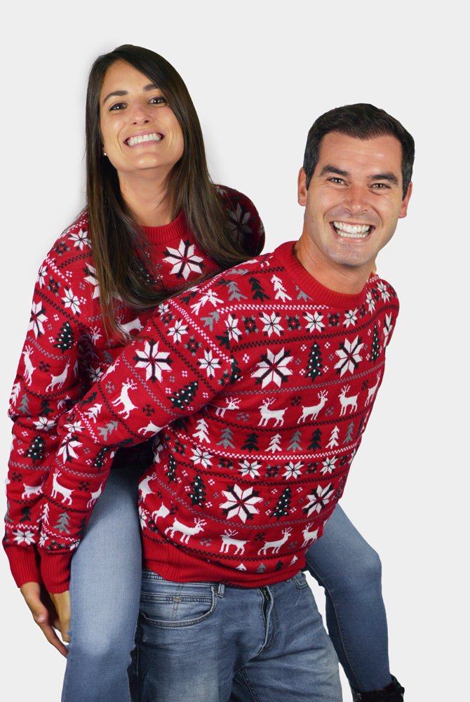 Maglione Natalizio per la Famiglia Rosso Renne, Alberi e Stelle Polari coppia