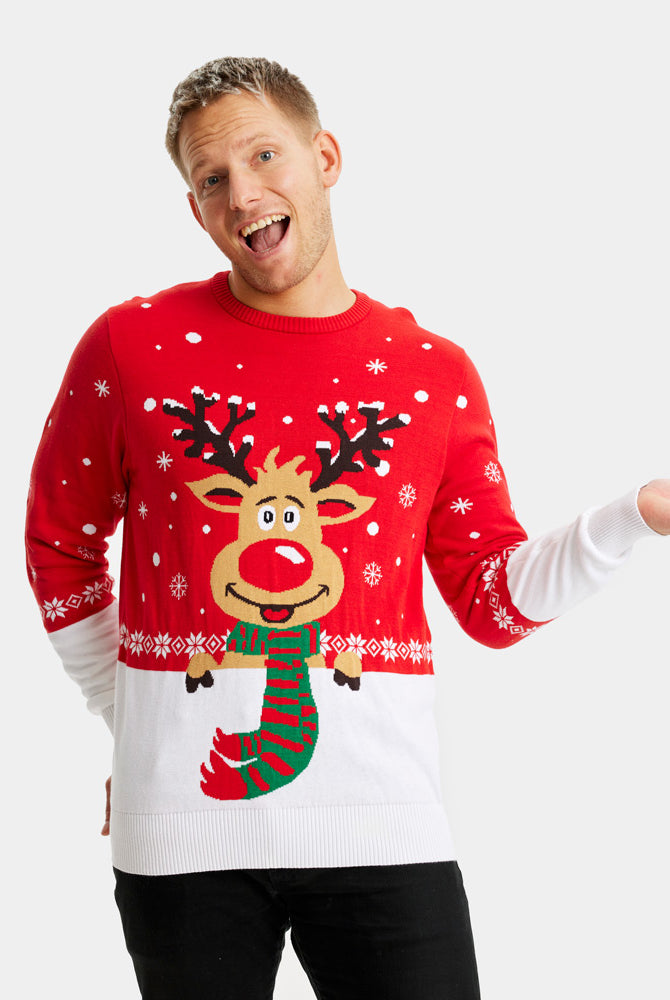Maglione Natalizio per la Famiglia Uomo in Cotone Biologico con Renna con Sciarpa