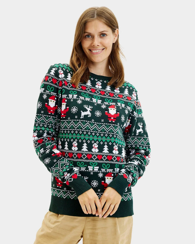 Maglione Natalizio per Famiglia Verde in Cotone Biologico Jolly Christmas Donna
