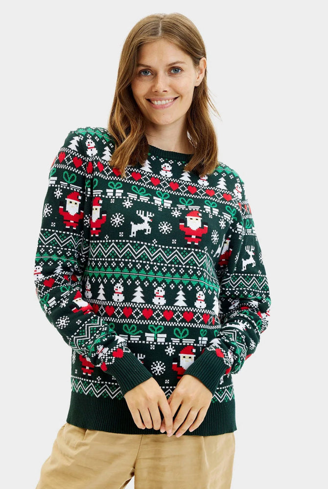 Maglione Natalizio per Famiglia Verde in Cotone Biologico Jolly Christmas Donna