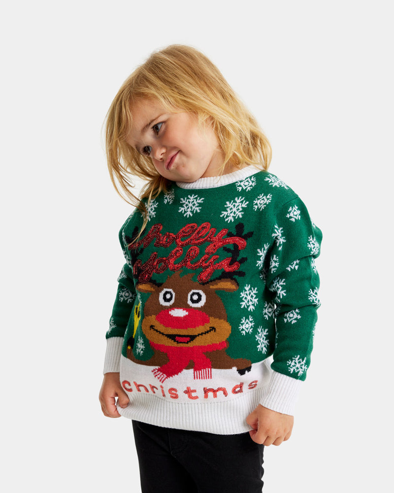 Maglione Natalizio Famiglia Bambini Verde Holly Jolly con Paillettes