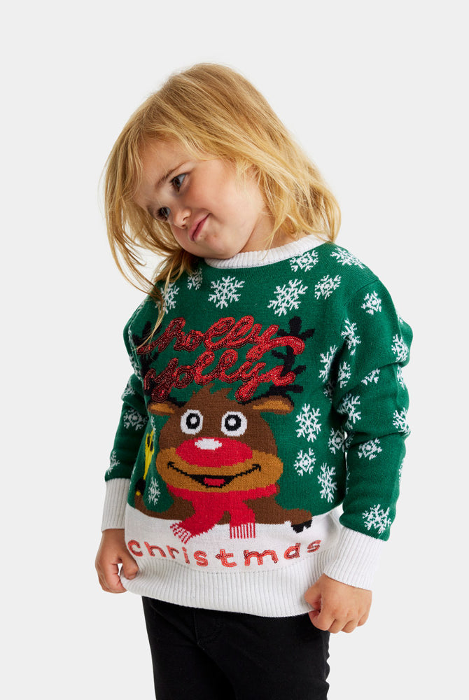 Maglione Natalizio Famiglia Bambini Verde Holly Jolly con Paillettes