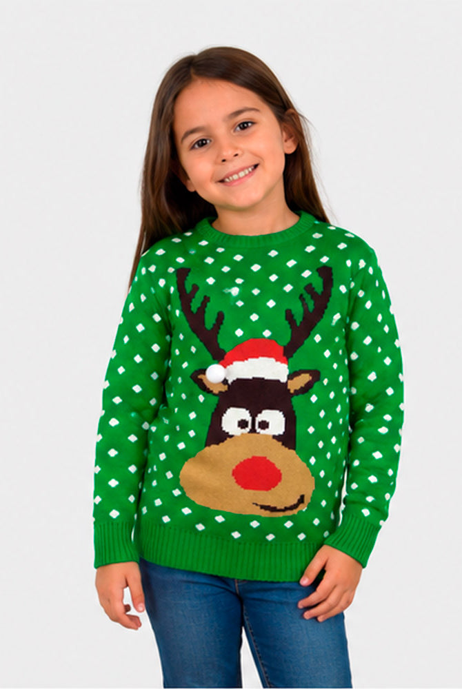 Maglione Natalizio per Famiglia Verde Renna con Cappello in 3D Bambina