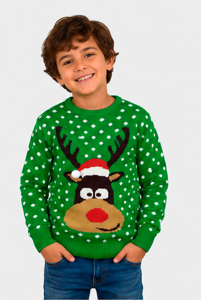 Maglione Natalizio per Famiglia Verde Renna con Cappello in 3D Bambino