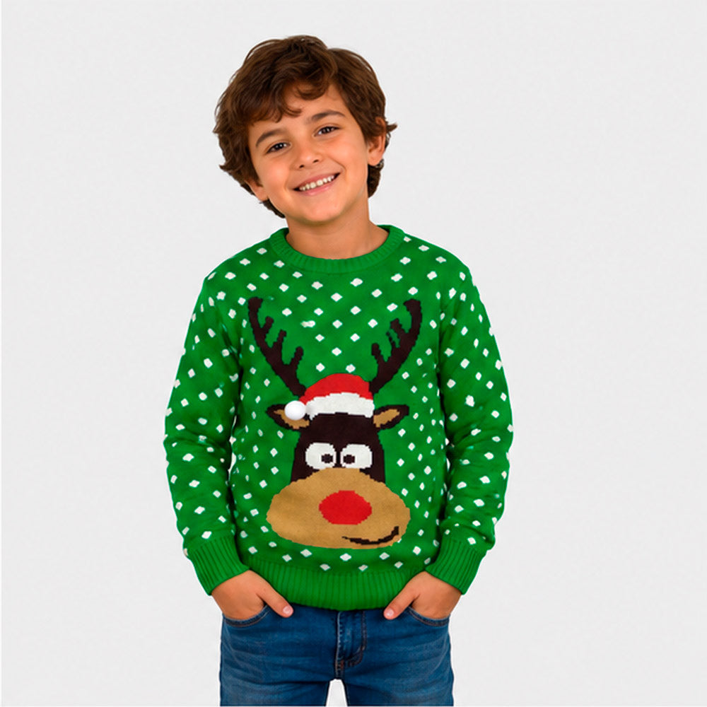 Maglione Natalizio per Famiglia Verde Renna con Cappello in 3D Bambino