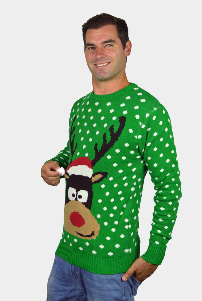 Maglione Natalizio per la Famiglia Verde Renna con Cappello in 3D uomo