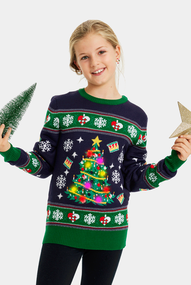 Maglione Nataliziocon Luci LED per Bambini Blu con Albero di Natale