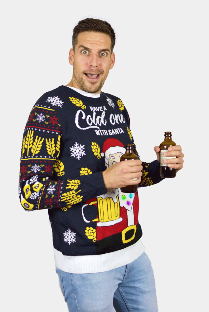 Maglione Natalizio con Luci LED Babbo Natale con Birra da Uomo
