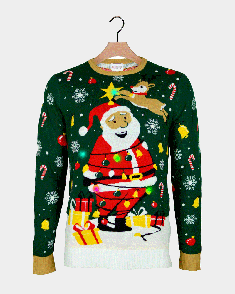 Maglione Natalizio con Luci LED Babbo Natale in Confusione