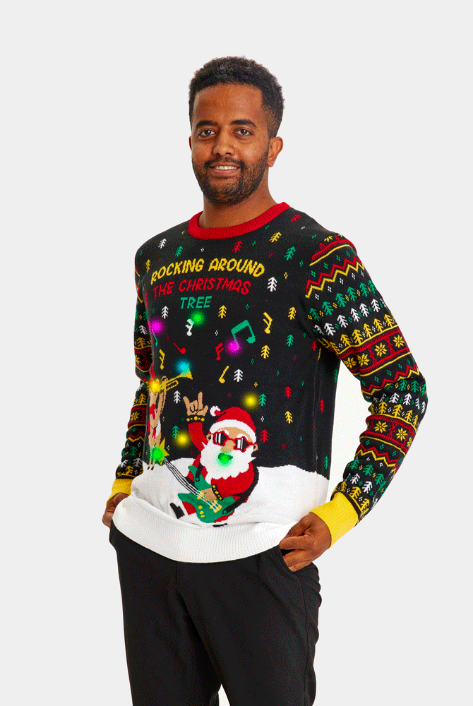 Maglione Natalizio con Luci LED Babbo Natale Rocker da Uomo