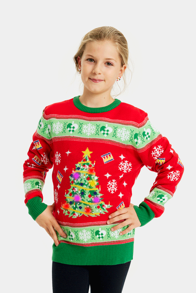 Maglione Natalizio con Luci LED per Bambini Rosso con Albero di Natale