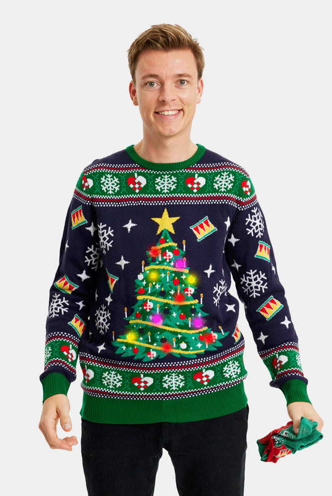 Maglione Natalizio con Luci LED Blu con Albero di Natale da Uomo