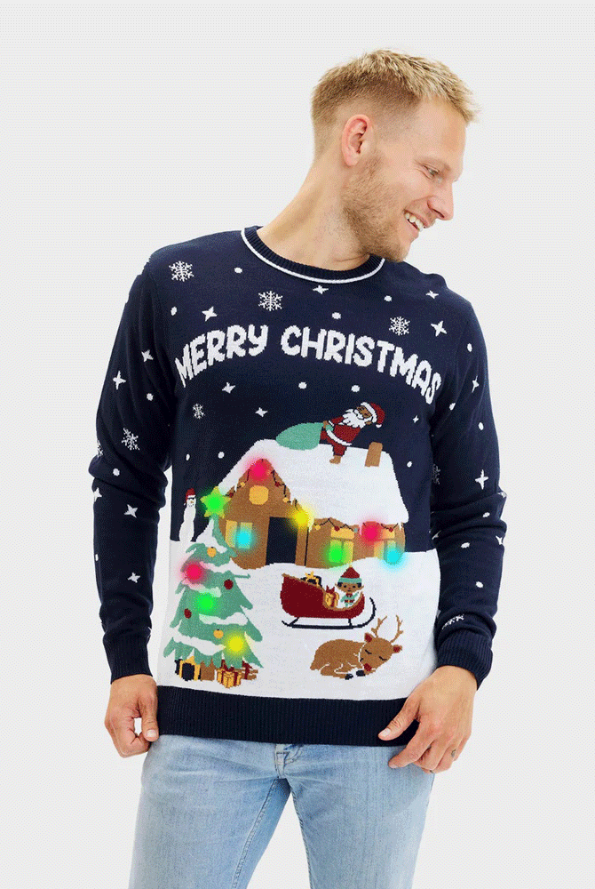 Maglione Natalizio Uomo Luci LED Blu Merry Christmas