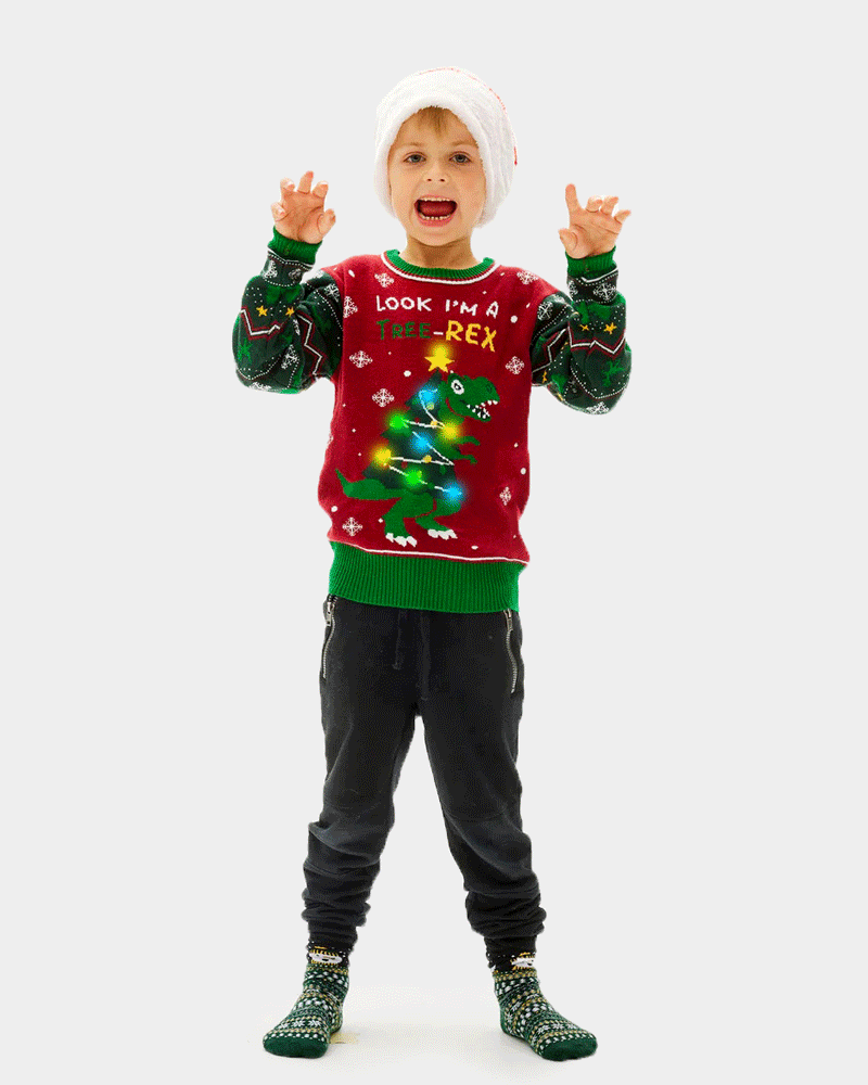 Maglione Natalizio con Luci LED Christmas Tree-Rex per Bambini