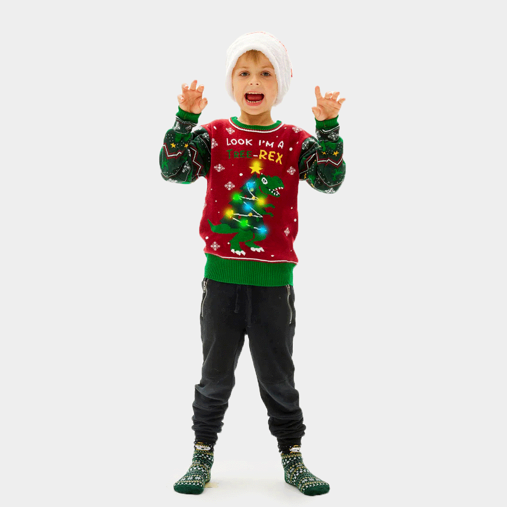 Maglione Natalizio con Luci LED Christmas Tree-Rex per Bambini