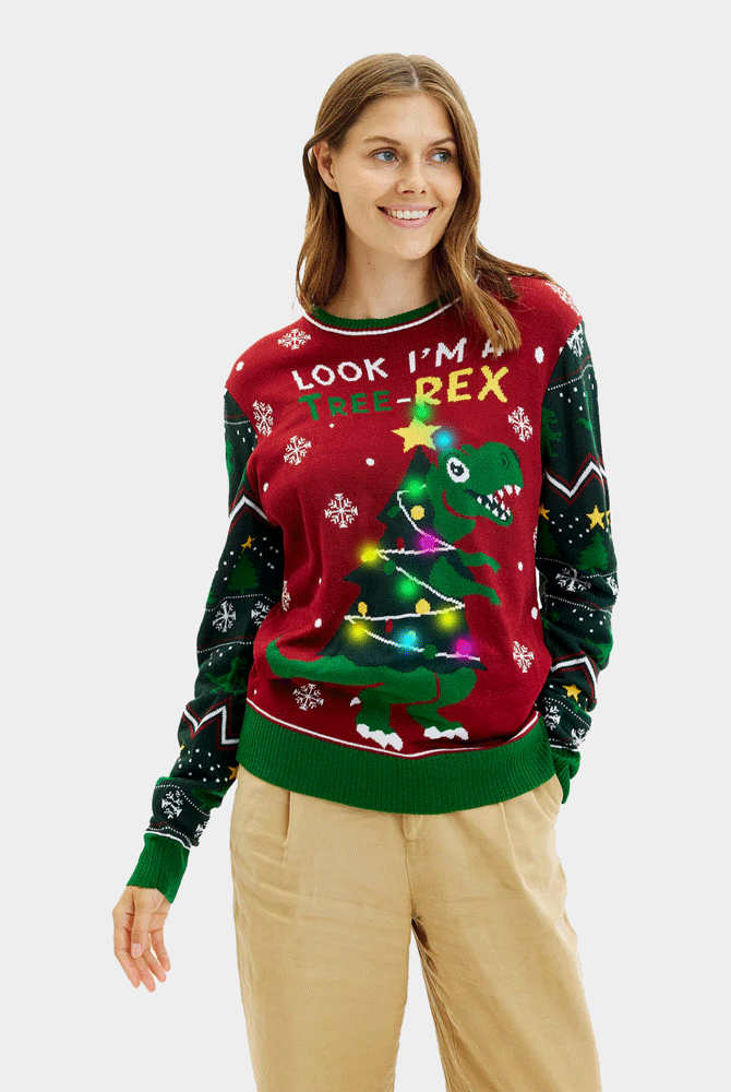 Maglione Natalizio con Luci LED Christmas Tree-Rex da Donna