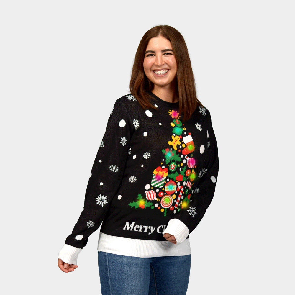Maglione Natalizio con Luci LED Nero con Albero di Natale da Donna