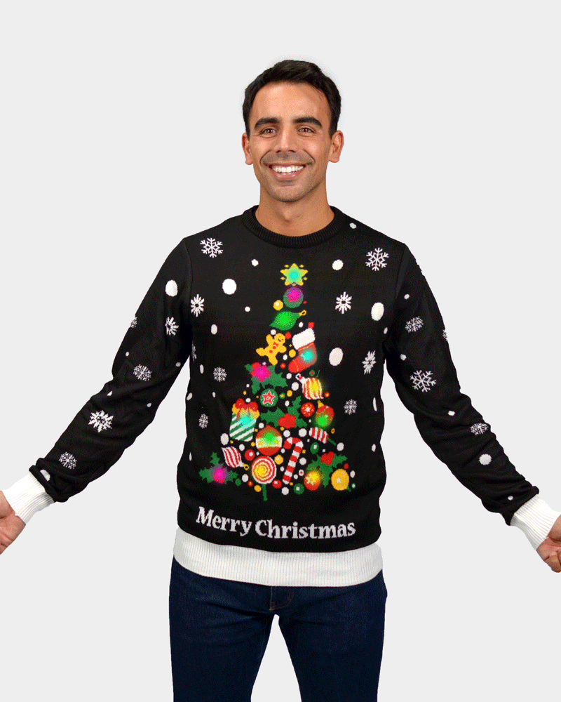 Maglione Natalizio con Luci LED Nero con Albero di Natale da Uomo