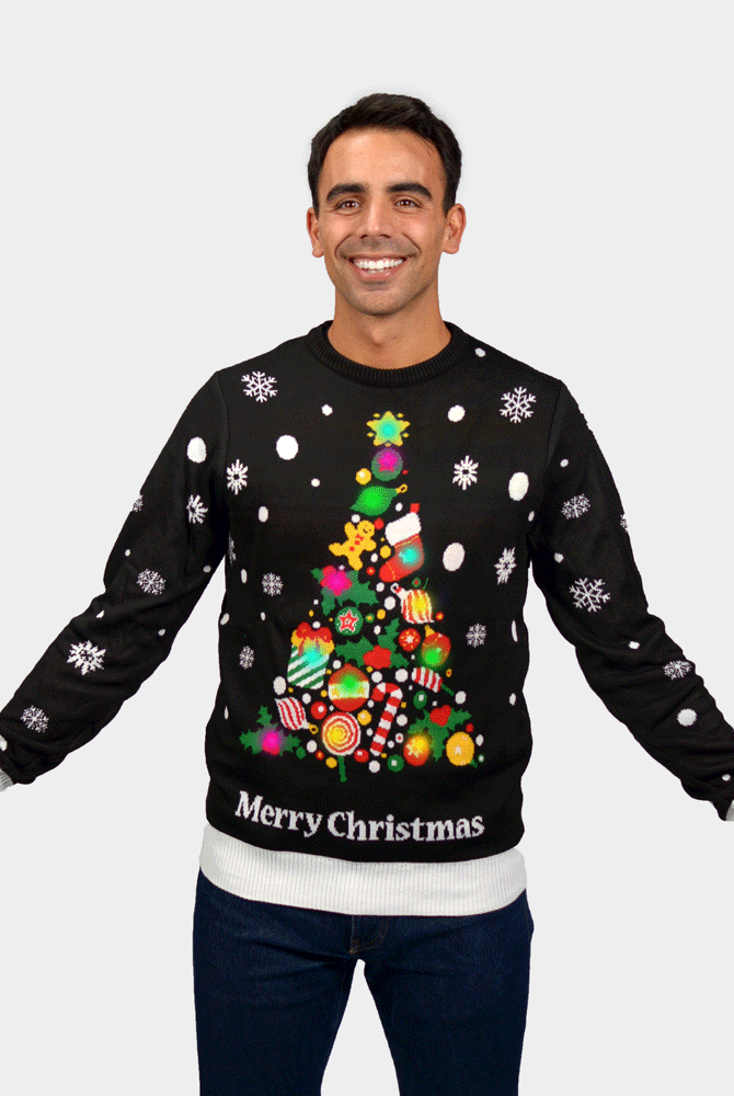 Maglione Natalizio con Luci LED Nero con Albero di Natale da Uomo