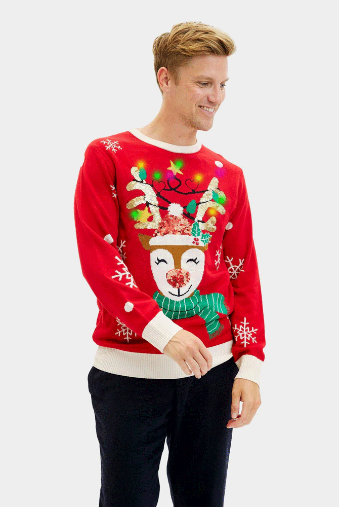 Maglione Natalizio Uomo Luci LED Renna Brillante Paillettes